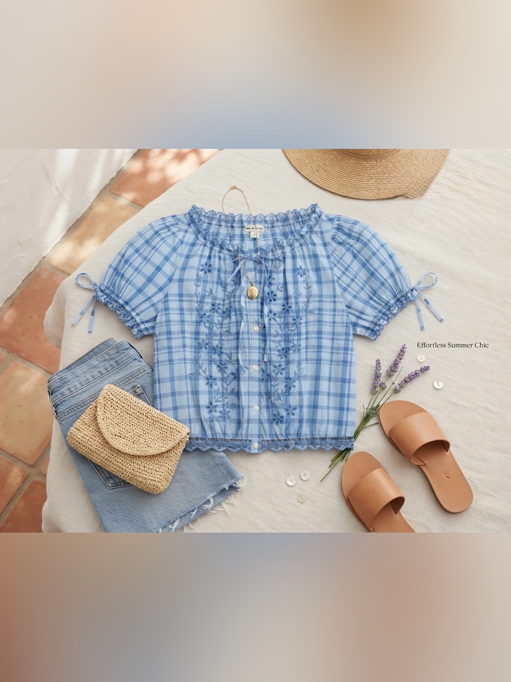 Uniqlo Girls' Light Blue Plaid Embroidered Peasant Blouse